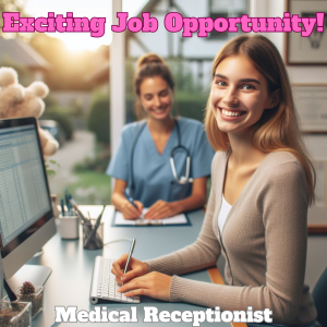This image has a young smiling woman in the foreground in front of a computer with a young woman in scrubs with a stethoscope around her neck in the background and the text 'Exciting Job Opportunity' and ' Medical Receptionist'